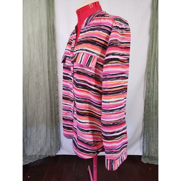 Notations Pink Striped Roll Tab Sleeves Button Up Blouse Size L - Picture 2 of 5